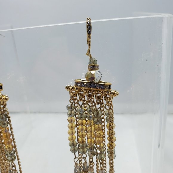 Ali Khan champagne clear ripple long fringe glass bead earring - Picture 3 of 6